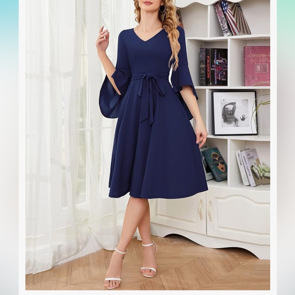 Navy Dress with 3/4 Bell Sleeves